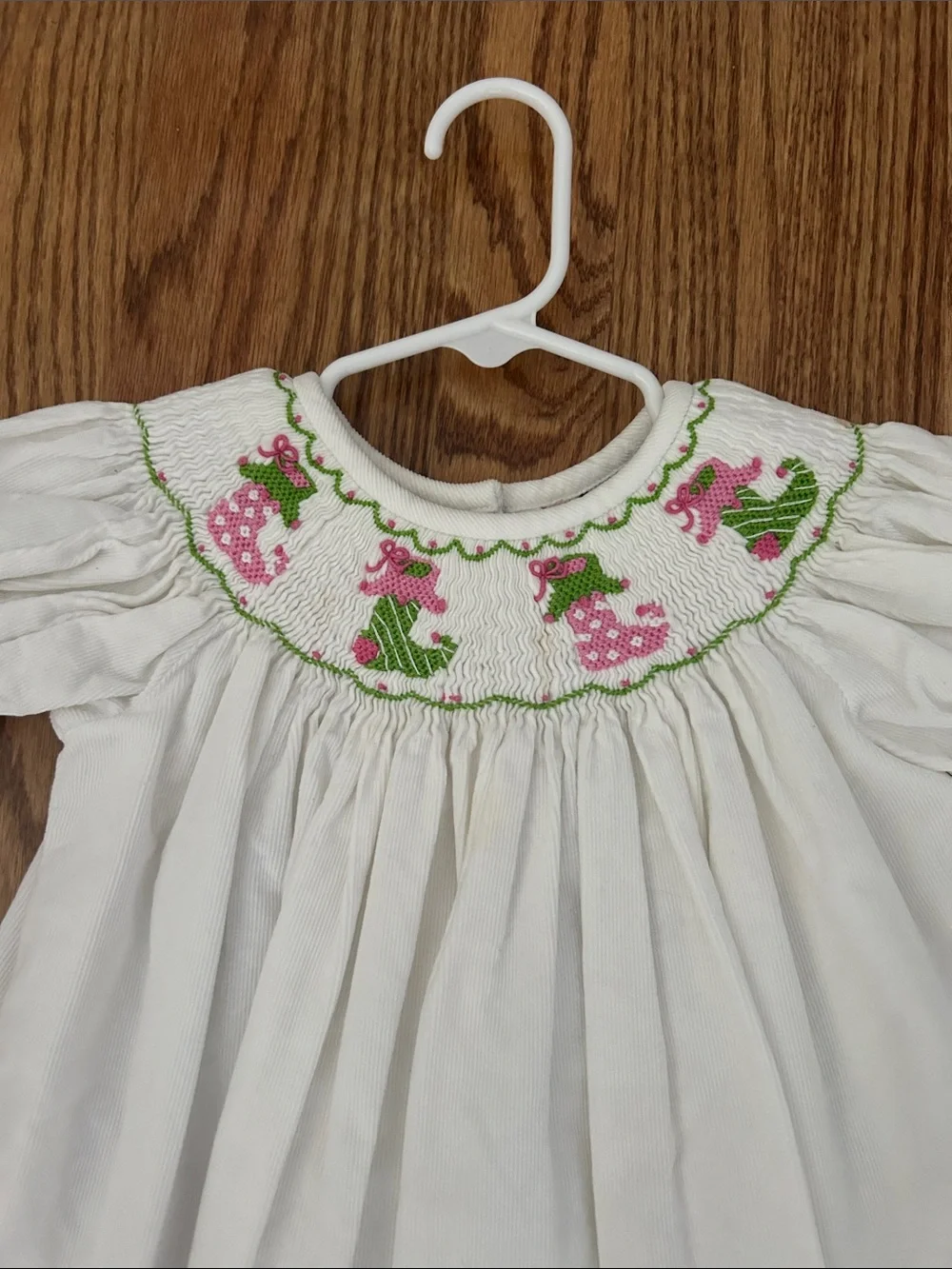 White Smocked Girls' Dress with Pink & Green Embroidery